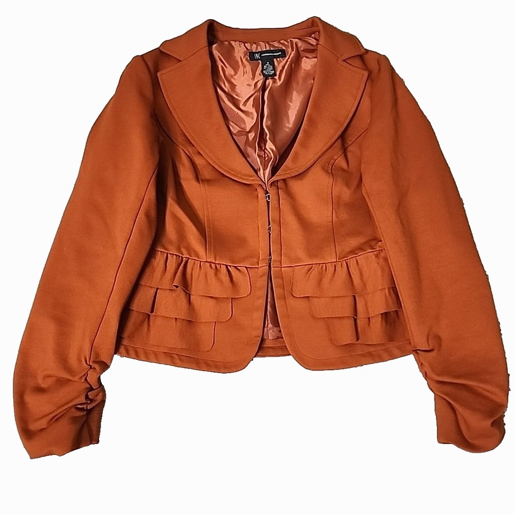 INC Jacket Blazer Burnt Orange Ruffle Ruched Sleeve Button Lined Casual S